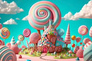 Fototapeta premium A colorful and whimsical candy land with giant lollipops, cupcakes, and a sugar castle, illustration - Generative AI