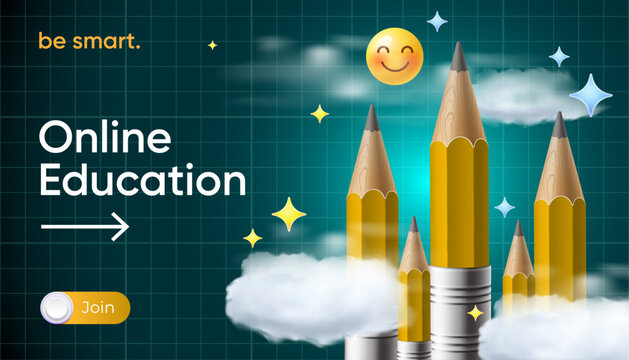 Back to school template with pencils and clouds. Online Education banner, ad, landing page or poster for web design, startup or courses