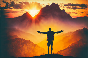 Person standing in front of a warm sunset with arms outstretched, radiating determination. Embrace the future with confidence and optimism through renewable energy solutions. Generative AI