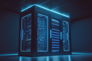 Generative AI illustration of server data room in neon light
