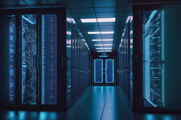 Generative AI illustration of futuristic neon data center