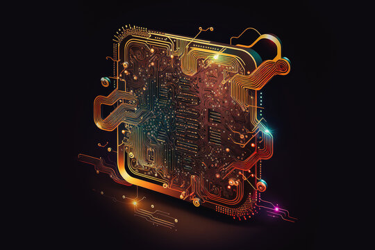 Generative AI illustration of gold shiny microchip