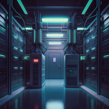 Generative AI illustration of futuristic neon data center