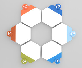 illustration hexagon infographics six options. Template for brochure, web design.