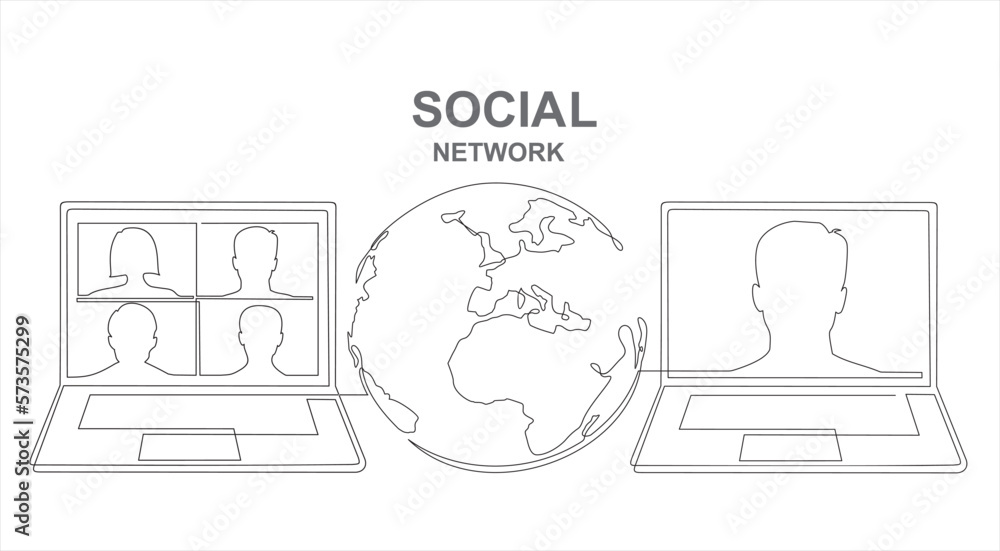 Poster social network. continuous one line drawing of laptops with some people on screen and globe. learnin
