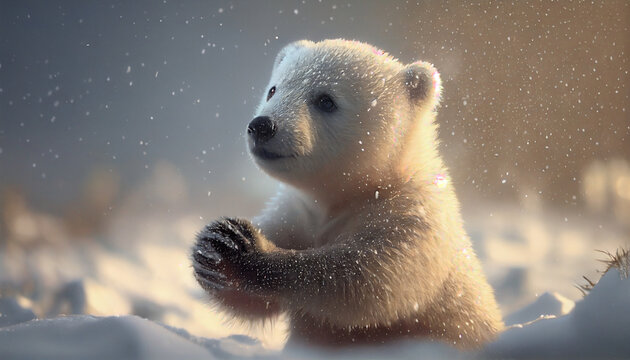A cute polar bear playing in the snow generative AI