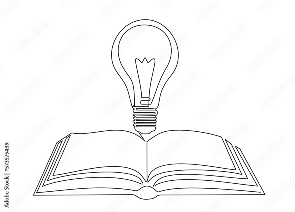 Aufkleber one single line drawing of shining light bulb above open text book logo identity. continuous line dr