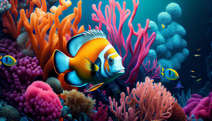 Fototapeta na wymiar A tropical fish swimming in a colorful coral reef generative AI