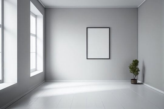 Empty room with a picture hanging on the wall. Generative AI