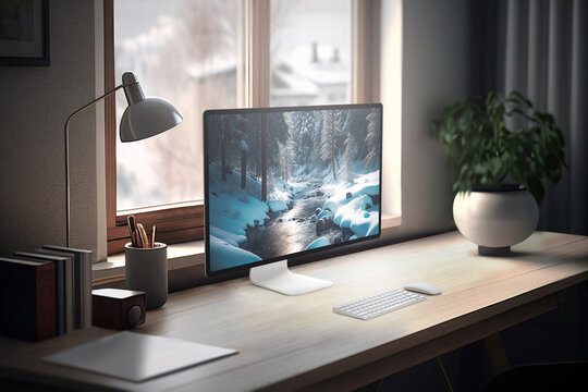 Desktop computer on a desk next to a window. Generative AI