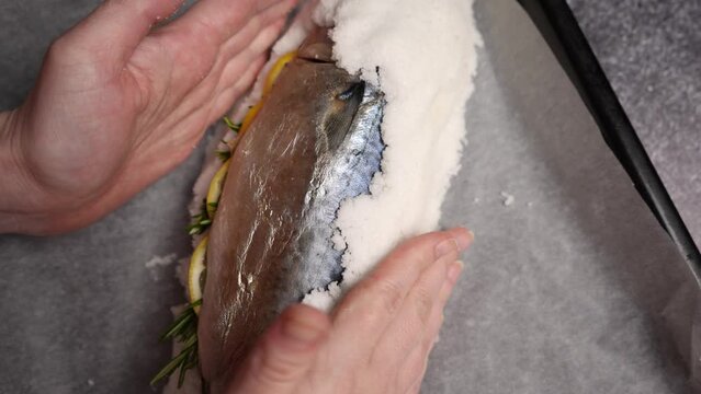 The chef sprinkles large amounts of salt on fresh fish with spices before baking. The process of cooking fish in a salt shell flamb&eacute; in the oven. Close up shot from above