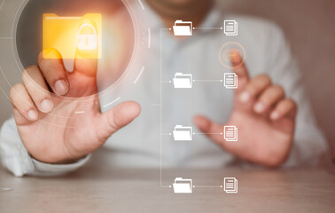 Global Internet connection, online documentation database and process automation to efficiently manage files. Businessman working document management system ,virtual online documentation