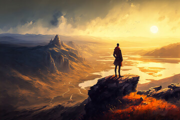 Fototapeta premium Person stands atop hill admiring landscape of hope and optimism. Embrace future with eco-friendly solutions and a spirit of hopefulness. Generative AI