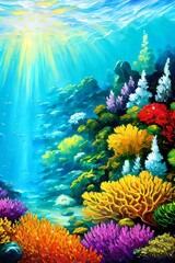Fototapeta na wymiar An expensive oil painting illustration of a beautiful underwater