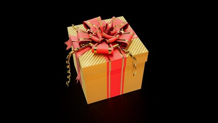 decorated gold and red surprise gift box on black backdrop, isolated - object 3D rendering