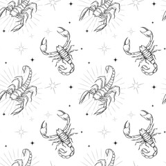 Scorpio. Seamless pattern design. Zodiac simbol. Astrology sign, bull vector outline illustratoin