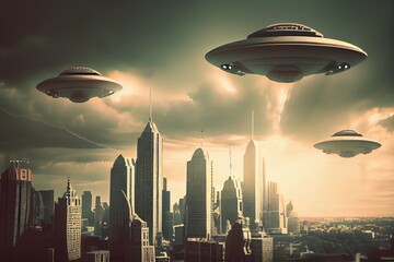 Fototapeta na wymiar Ufo Armada Over Downtown. Giant Alien Spaceships Over The City. Ufo Invasion Over The City Of The Planet Earth. Digital Art. Generative AI