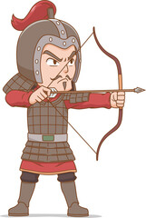 Cartoon character of ancient Chinese soldier shooting an arrow.

