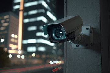 Fototapeta CCTV camera on the facade of the building, public safety of the urban environment, technology for surveillance at night on the street. Property protection. Generative AI. obraz