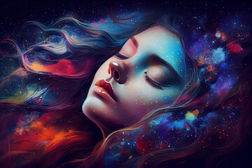 Abstract Woman Dream Decorated By Harmony And Endless Colors Of Star In The Sky Background . Sleeping Beautiful Girl Imagination . Sublime Image . Generative AI - obrazy, fototapety, plakaty