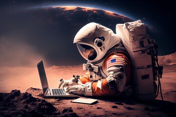 Astronaut Sitzt An Einem Schreibtisch Und Arbeitet Am Laptop -. Generative AI