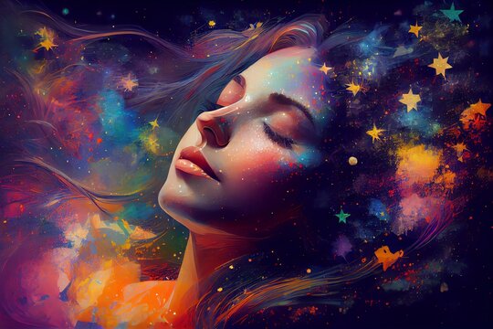 Abstract Woman Dream Decorated By Harmony And Endless Colors Of Star In The Sky Background . Sleeping Beautiful Girl Imagination . Sublime Image . Generative AI