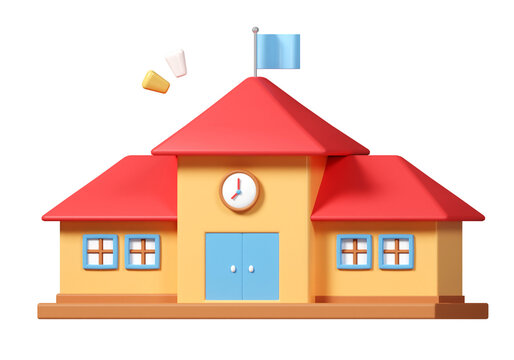 3D cartoon school building isolated. minimal PNG icon. Educational institution front view icon symbol clipping path. education. 3d render illustration
