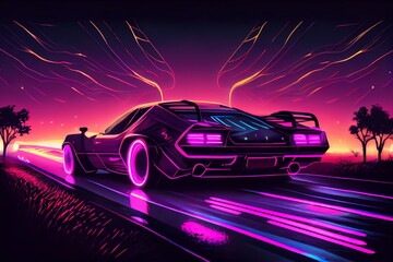 Driving In The Night. Futuristic Synthwave Car In Purple Neon Colours. In Motion. Generative AI
