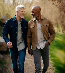 Ai illustration of a a middle aged gay couple walking in a park on a warm spring day