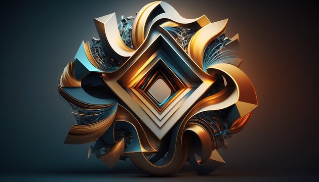 fond d'&eacute;cran num&eacute;rique d&eacute;coratif, objet abstrait en 3-d en forme de losange et courbes dor&eacute;es et bleu