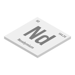 Neodymium, Nd, gray 3D isometric illustration of periodic table element with name, symbol, atomic number and weight. Rare earth metal with various industrial uses, such as in magnets, lasers, and as a