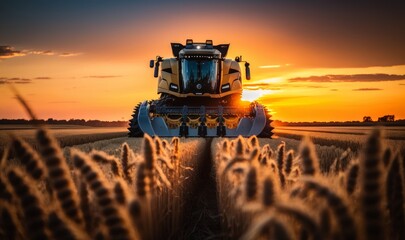Combine harvester harvesting a wheat field in a sunset. Generative ai