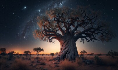 Sunset in the African savannah with a baobab. Generative ai