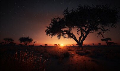 Fototapeta na wymiar Sunset in the African savannah. Generative ai