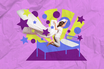 Creative collage image of overjoyed small girl hands hold blanket jumping painted bed stars isolated on drawing background