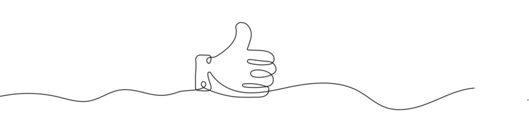 Continuous line drawing of like icon. Thumb up in one line drawing. One line drawing background. Vector illustration. Like icon 