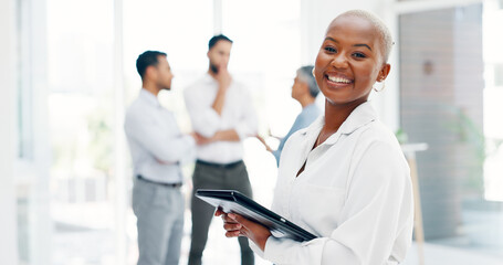 Face, corporate and black woman with tablet, smile and digital marketing for sales growth, goals...