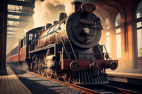 Vintage Steam Train Locomotive. In Train Station. Beautiful Vintage Theme Image. Generative AI