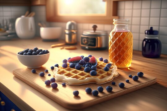 Waffles and blueberries on a white plate on the table