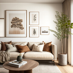 Modern living room interior with soft sofa brown and beige pillows near big green potted tree placed against wall with framed pictures in light apartment. Generative AI.