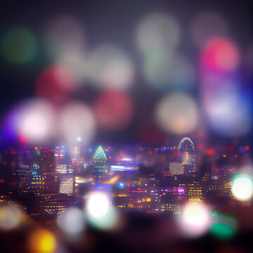 City night landscape bokeh, blurred illustration, urban landscape at dusk time - AI generated image
