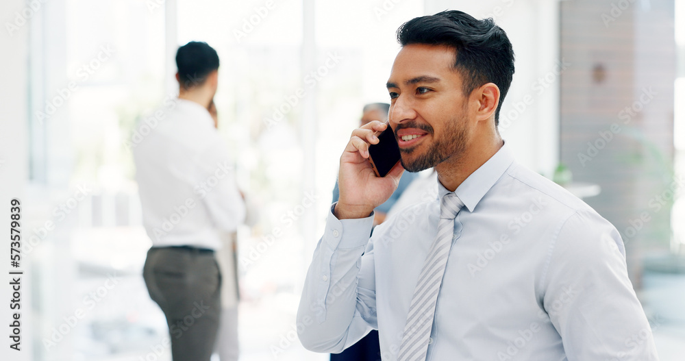 Poster businessman, communication and phone call with mobile networking at financial advisory startup compa