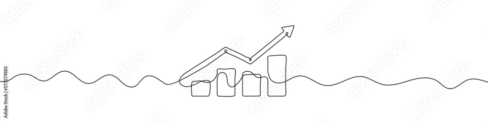 Poster continuous linear drawing of growing graph. vector illustration. business chart with up arrow