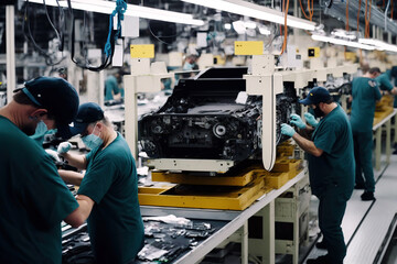 Fototapeta na wymiar A group of men working together on an assembly line in a factory to produce cars with the latest technology, emphasizing cooperation and teamwork for successful business. Ai generated