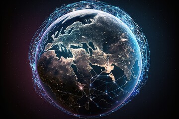 Satellites orbiting Earth wirelessly transmit data using cutting-edge 5G technology to build a global network of communications. Ai generated
