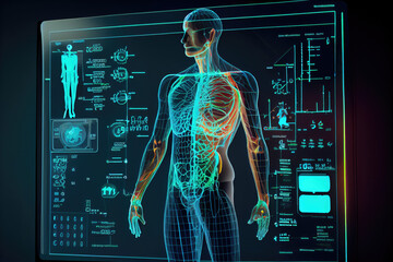 Digital screen with the projection of a human body hologram with different parameters and data. Generative AI