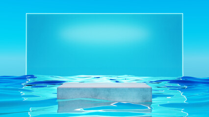 3D render of a podium for product display in the water against a blue background with backlight