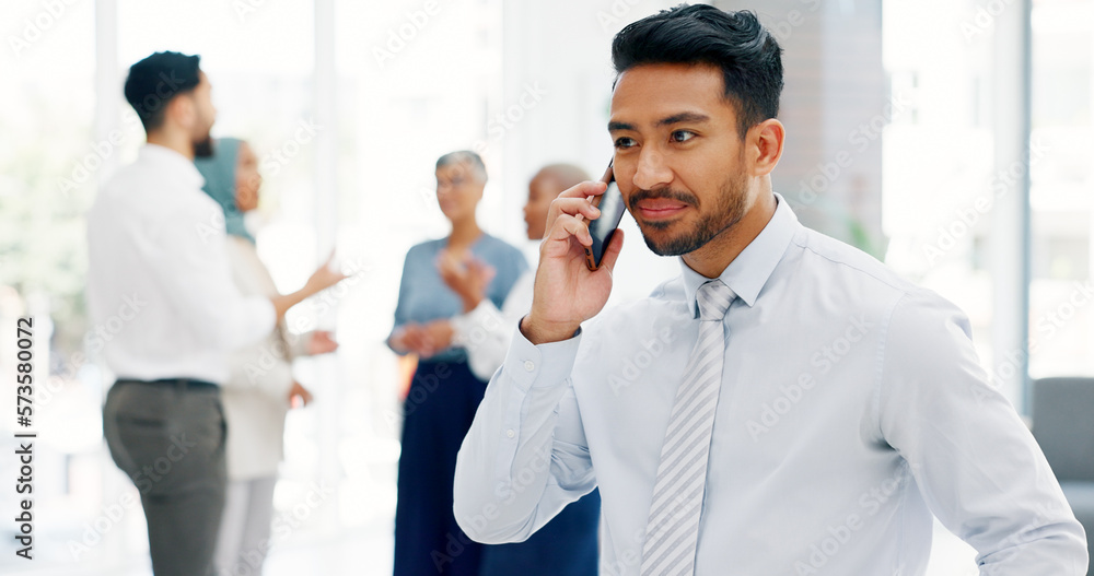Poster businessman, communication and phone call with mobile networking at financial advisory startup compa