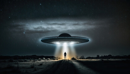 UFO alien abduction. Flying saucer spaceship from outer space. AI generative