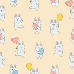 Seamless pattern with cute bunnies with balloons and easter eggs on pink background. Template for baby design.